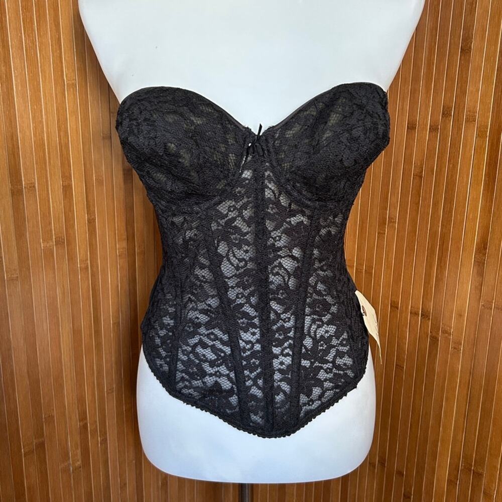 Vintage 70s Valmont Black Lace Longline Corset Bustier 36C